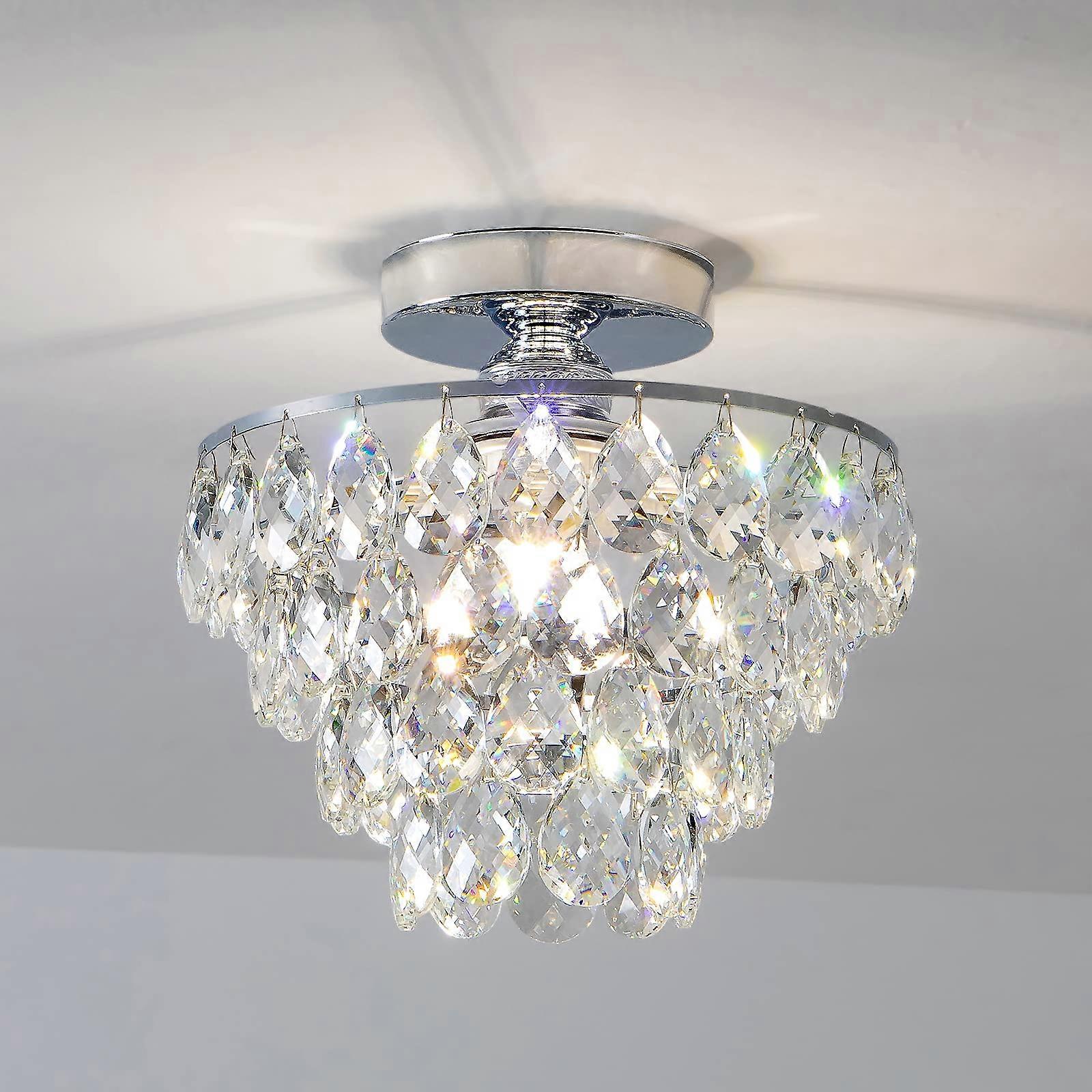 Mini Crystal Chandelier Flush Mount Ceiling Light, 9.8 Inch Chrome Raindrop Fixture, E26 Base