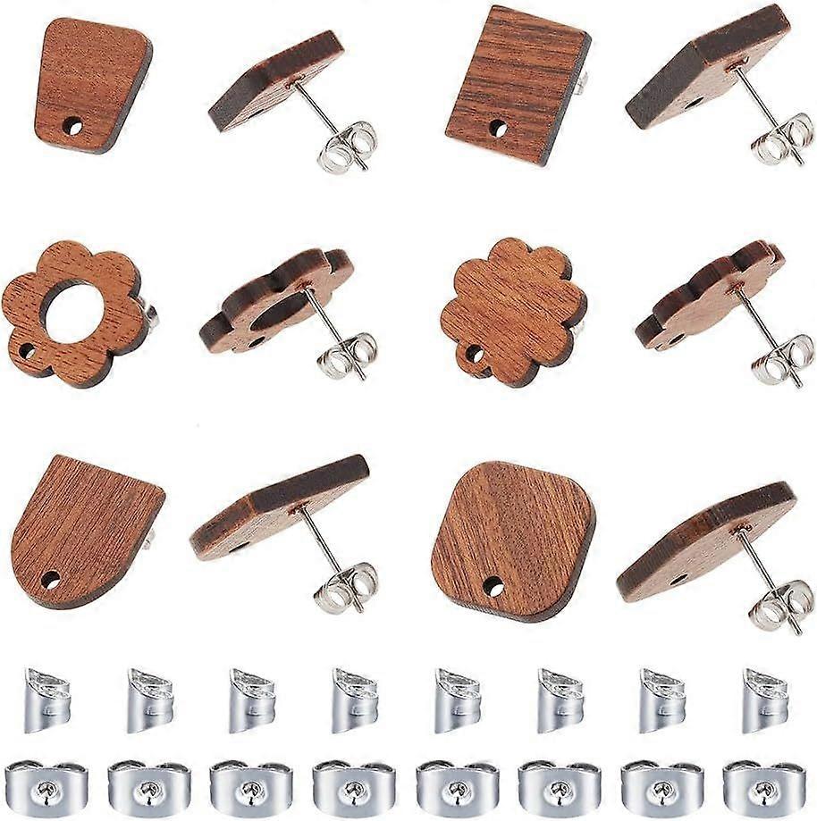 24 Pcs 6 Styles Wood Stud Earrings Posts with Loop Natural Wooden Square/Flower/Rectangle/Arch Stud Earring Findings with 30Pcs Ear Nuts for Earring J