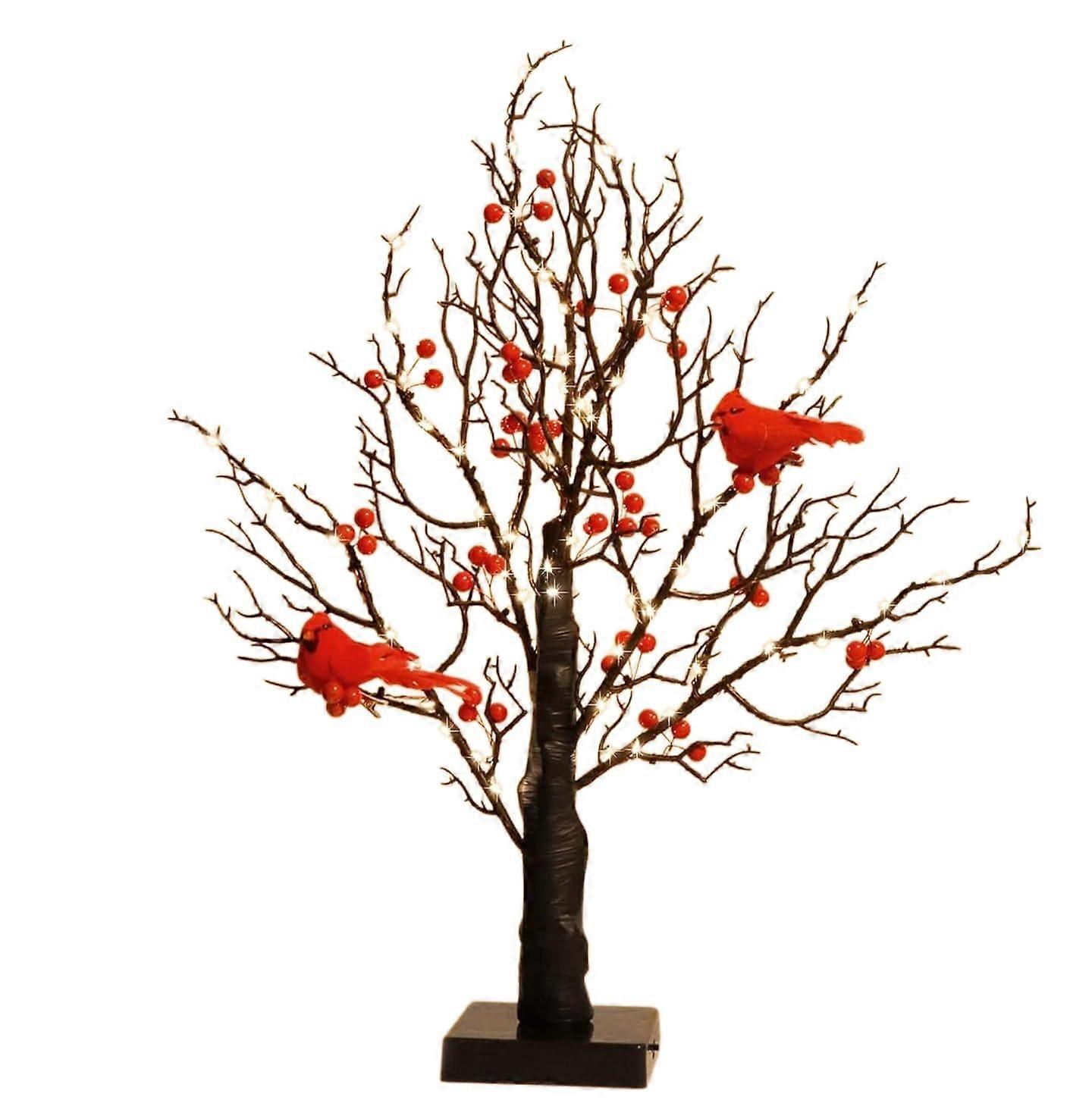 21 Inch Lighted Birch Tree with Red Birds, Warm White LED Tabletop Lamp for Christmas and Halloween