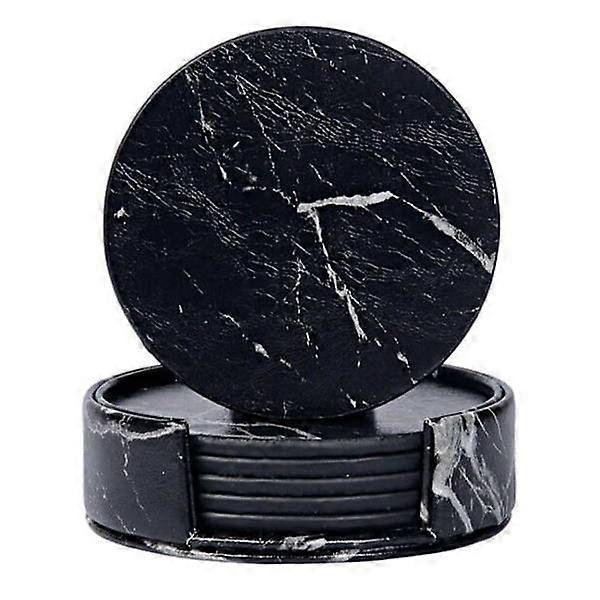 6-pack Reversible Coasters Black Marble PU with Holder black