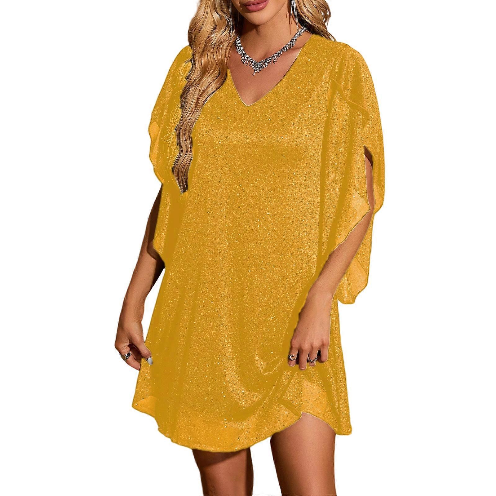 A sparkly cocktail dress for women, perfect for wedding guests, with butterfly sleeves and a loose-fitting party dress. Yellow XL | Fruugo UK A sparkly cocktail dress for women, perfect for wedding guests, with butterfly sleeves and a loose-fitting party dress. Yellow XL | Fruugo UK