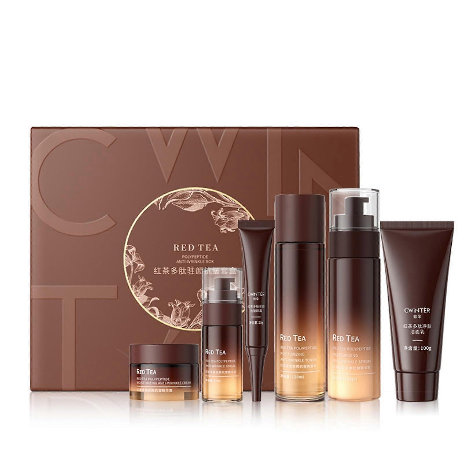 Facial Skincare Set with Red Tea Polypeptide, 6 Piece Complete Skincare Routine for Deep Hydration