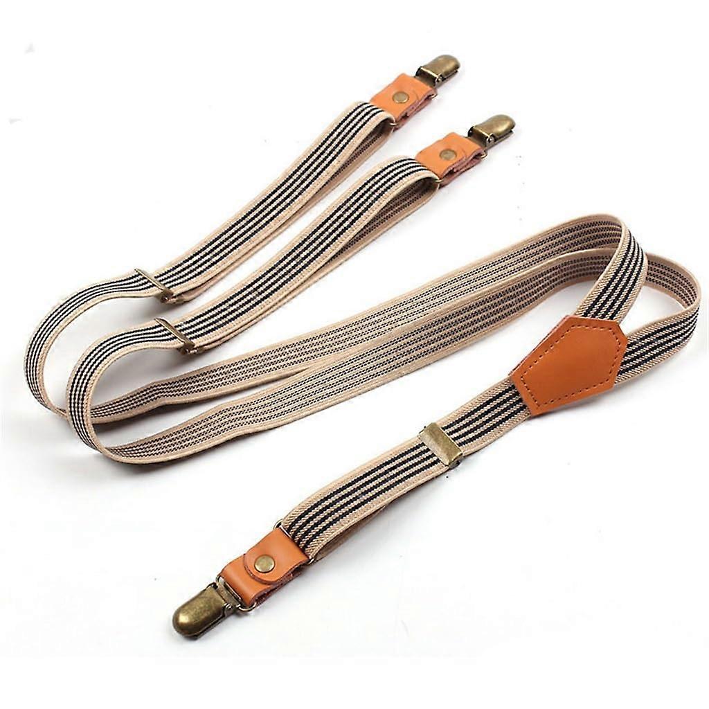 Men's  Leather YBack Suspenders with Clips, Striped Adjustable Elastic Strap, White Star Patch