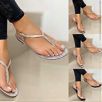 Flipflops sandalen met strasssteentjes en teenscheider, platte antislip sandalen met bandjes voor dames, geschikt voor het strand, zwart, maat 41
