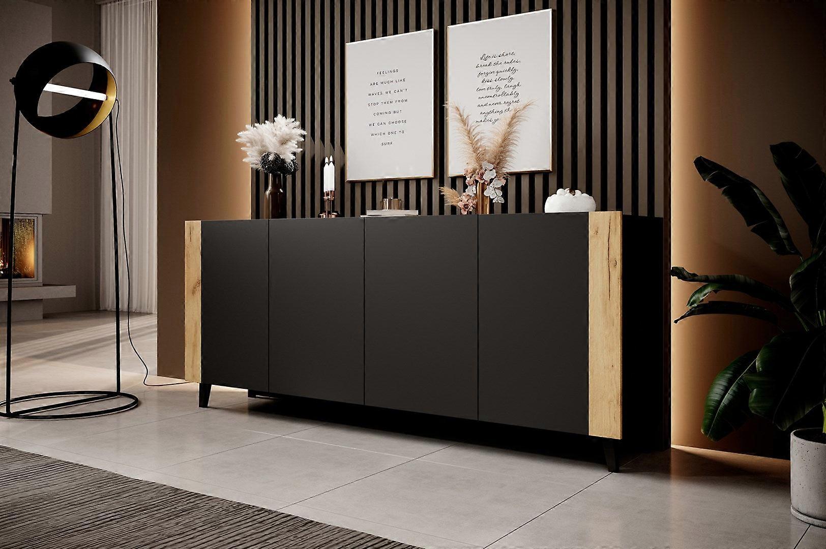 Faro Kommode 200x42x82 Mattschwarz + Eichenholz