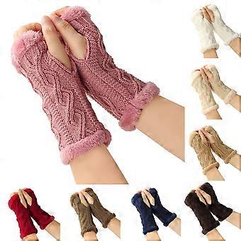 Women's Fingerless Mittens with Thumbhole Design, Thickened Fleece Lining, Knitted Rhombus Texture - Light Grey, 1 Pair for Winter Outdoor Sports