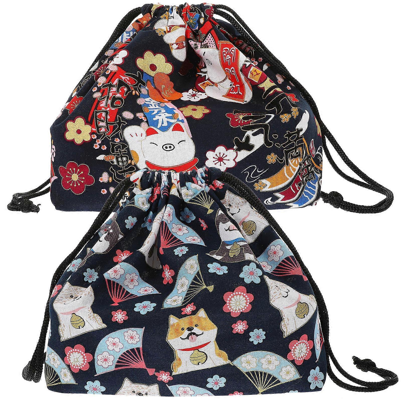 Drawstring Lunch Bag Reusable Bento Box Bag for Storage 2Pcs Set