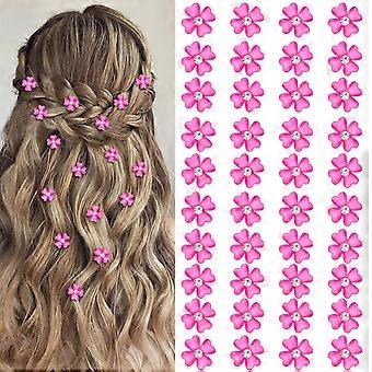 40Pcs Mini Hot Pink Flower Hair Clips with Rhinestone Cute Hair Pins Decorative Hair Clips Wedding Hair Barrettes Bridal Hair Accessories for Girls Wo