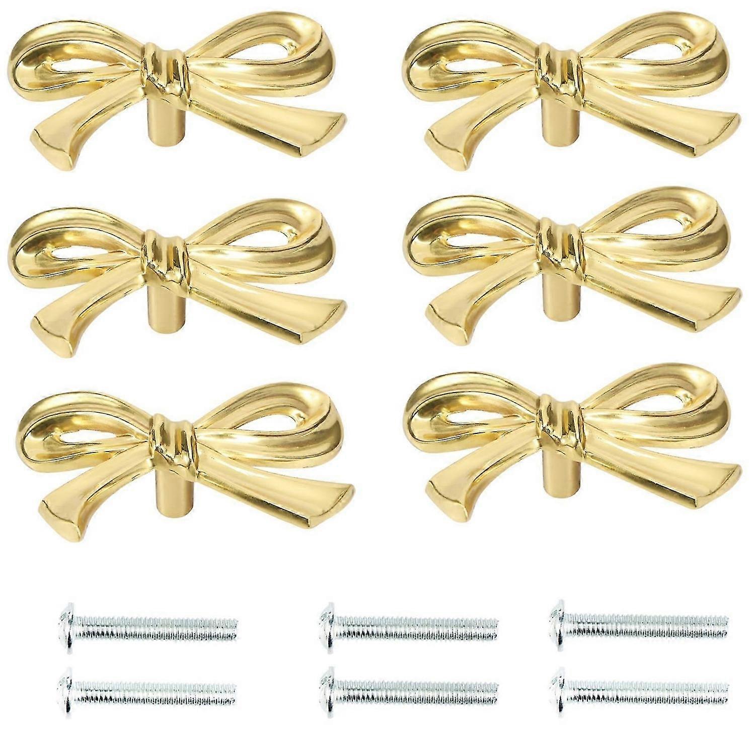 6 Pack Bow Drawer Knobs, Gold Solid Brass Bow Cabinet Knobs, Compact Gold Bow Dresser Pulls