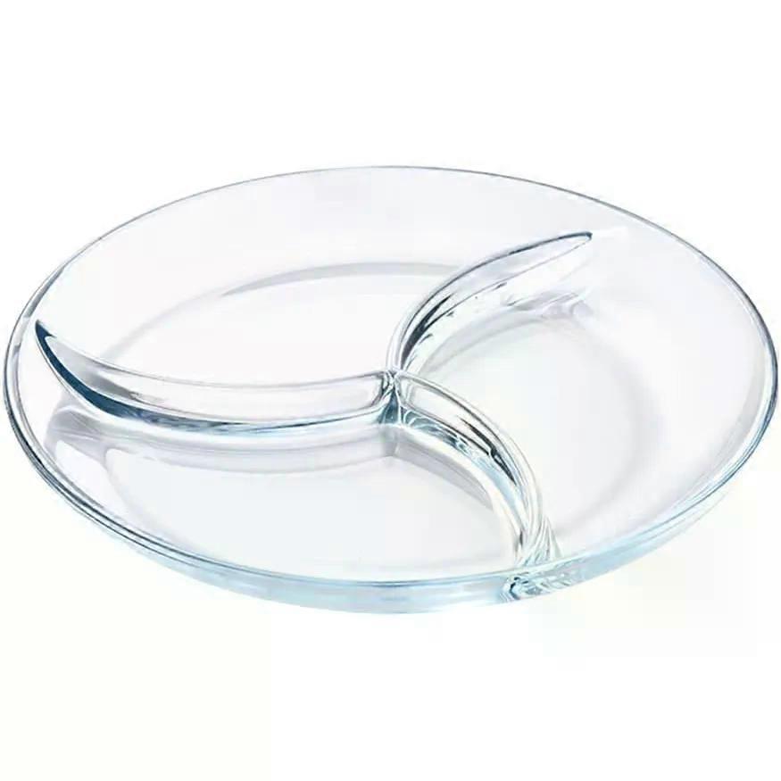 Three Grid Divided Glass Serving Plate for Microwave Cooking