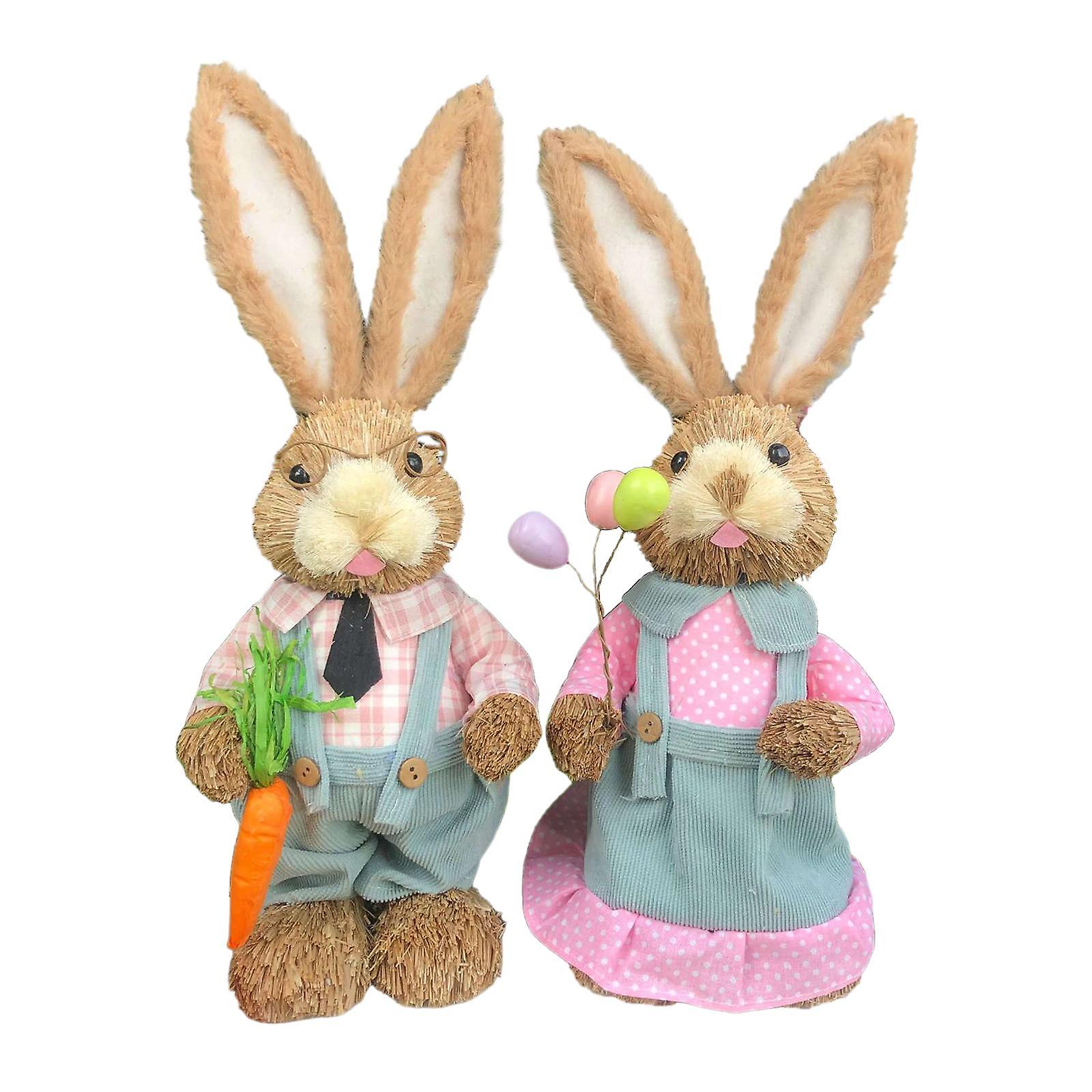 2Pcs Straw Bunny Figurine Easter Holiday Gifts Easter Decoration Garden Home