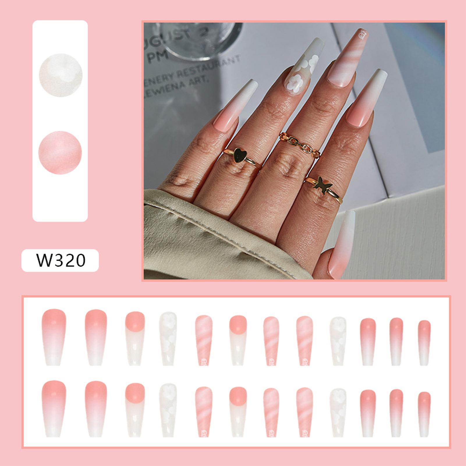 Pink Gradient Flower False Nails Easy To Apply Elegant Press-on Nails