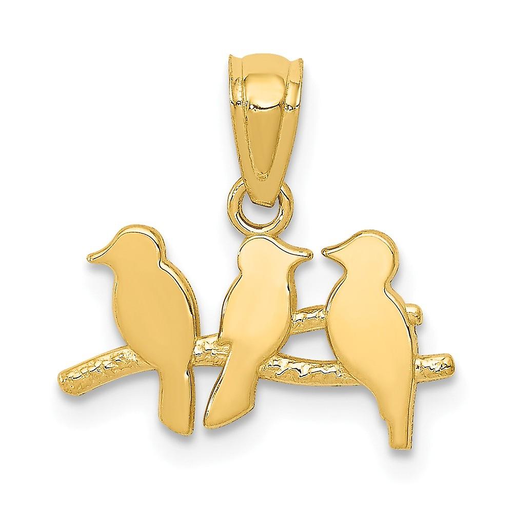 15mm 14Kソリッドイエローゴールドポリッシュスリーバードブランチペンダントネックレス-女性用ペンダント