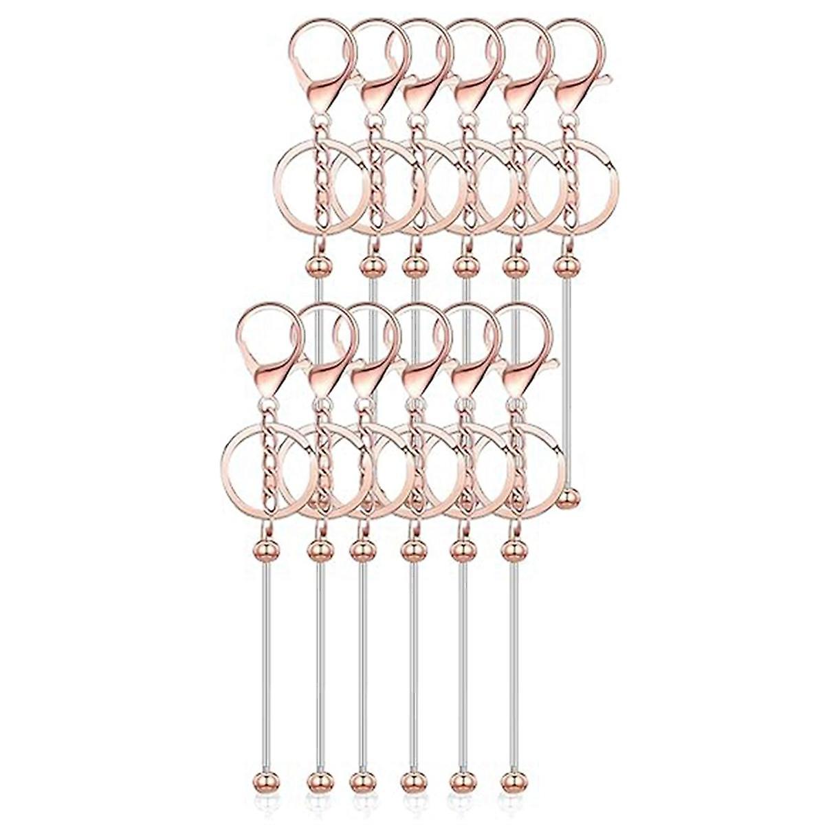 12 Pcs Beadable Keychain Bars for Beads Blank Keychain Metal Beaded Keychain for Keychain, Rose Gol