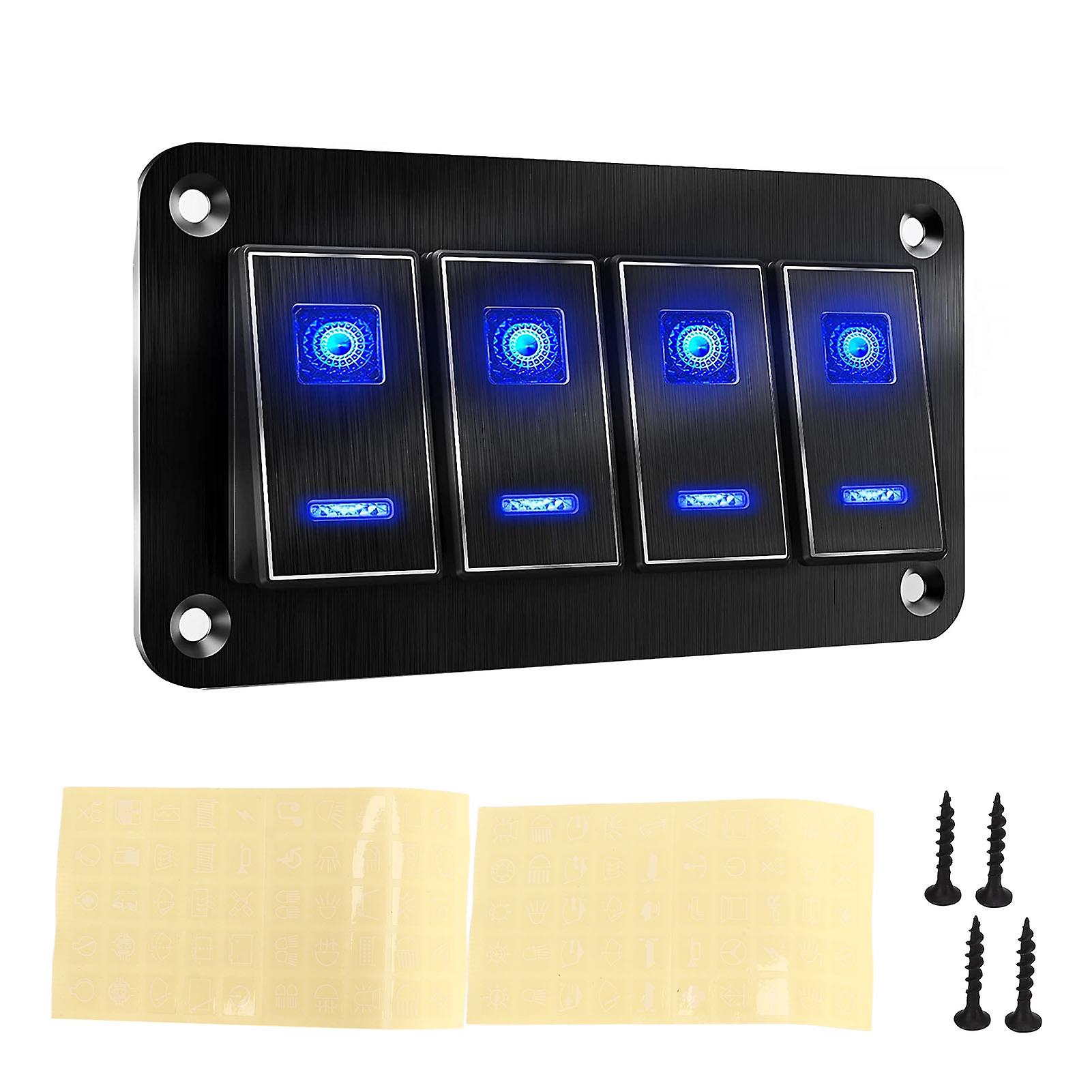 4 Gang Rocker Switch Panel Aluminum Alloy DC12V‑24V Pre Wired On Off Toggle Switch for Car RV Motorcycle Bus Trailer UTV 4Gang Toggle Switches Dash