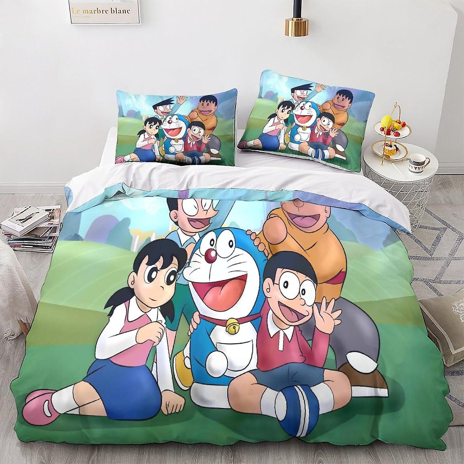 HOUKIG Doraemon Duvet Cover Set 3 Piece Bedding Set with Anime Characters 3D Print Comforter Cover with Pillowcases Quilt Cover with Zipper for Kids B