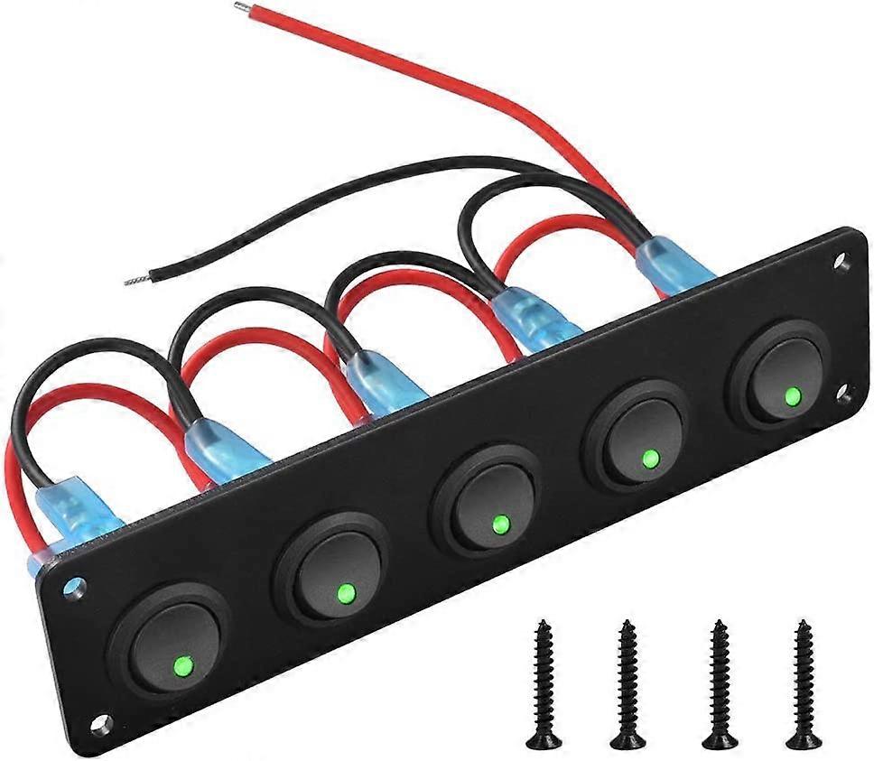 Toggle Switch, 12-24V 5 Gang Green LED Light Switch Control Panel Switch for Car Boat Marine