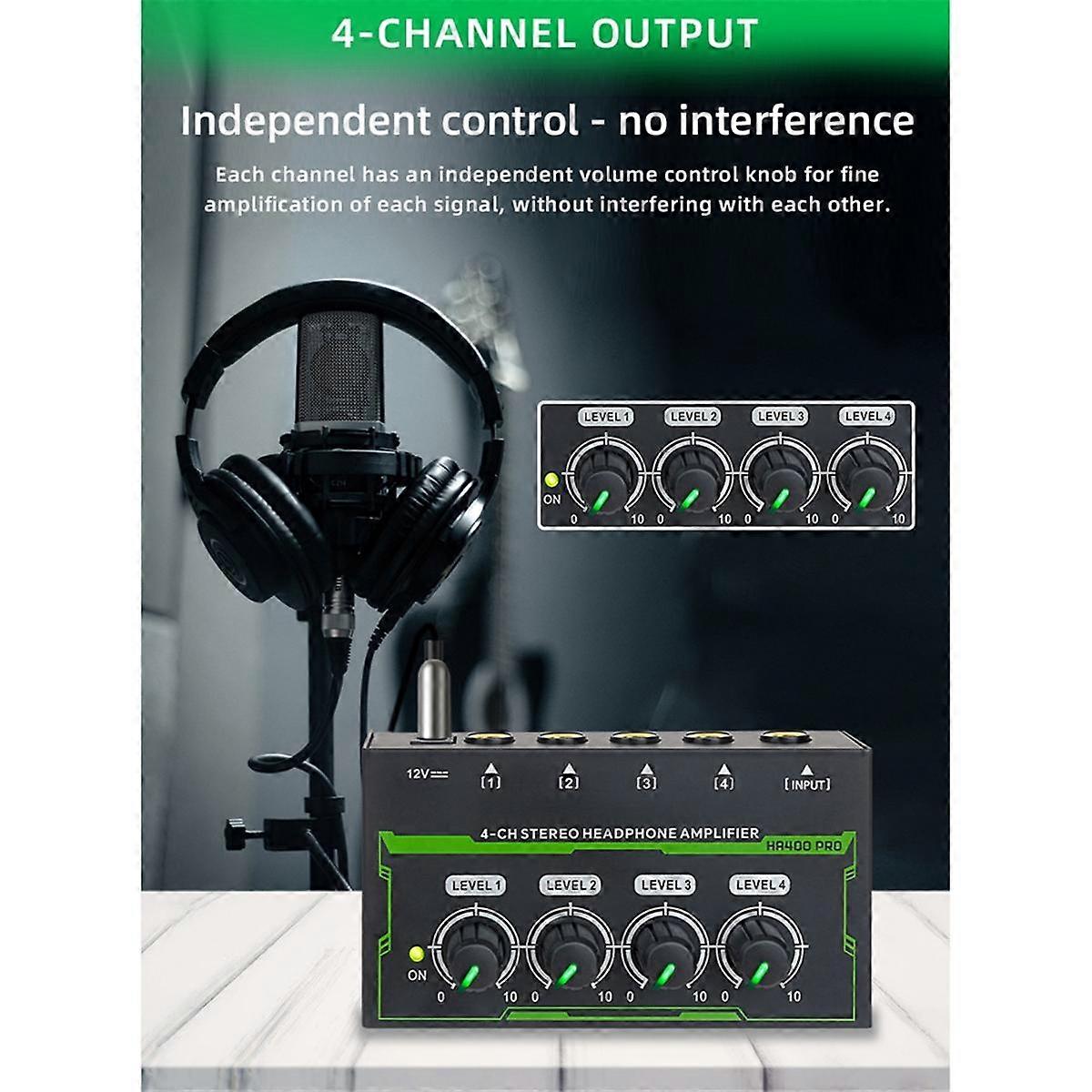 Headphone Amplifier 4 Channel Stereo Audio Amplifier Mini Headphone Splitter for Live and Recording Studio EU Plug