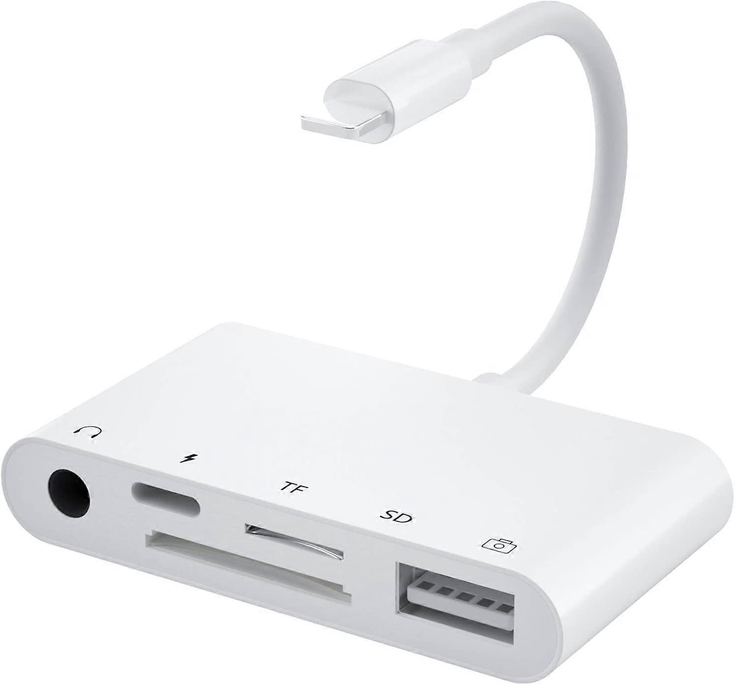 SD Card Reader for IPhone, 5 In 1 USB OTG Camera Connection Kit with Camera Memory Reader and 3.5mm Headphone Jack, SD & TF Dual Card Slot for IPhone