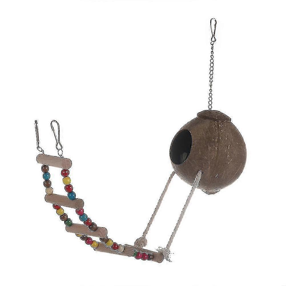 birds Coconut Shell Breeding Nest Parrots Hamster Climb Ladder Swing Hanging Toy