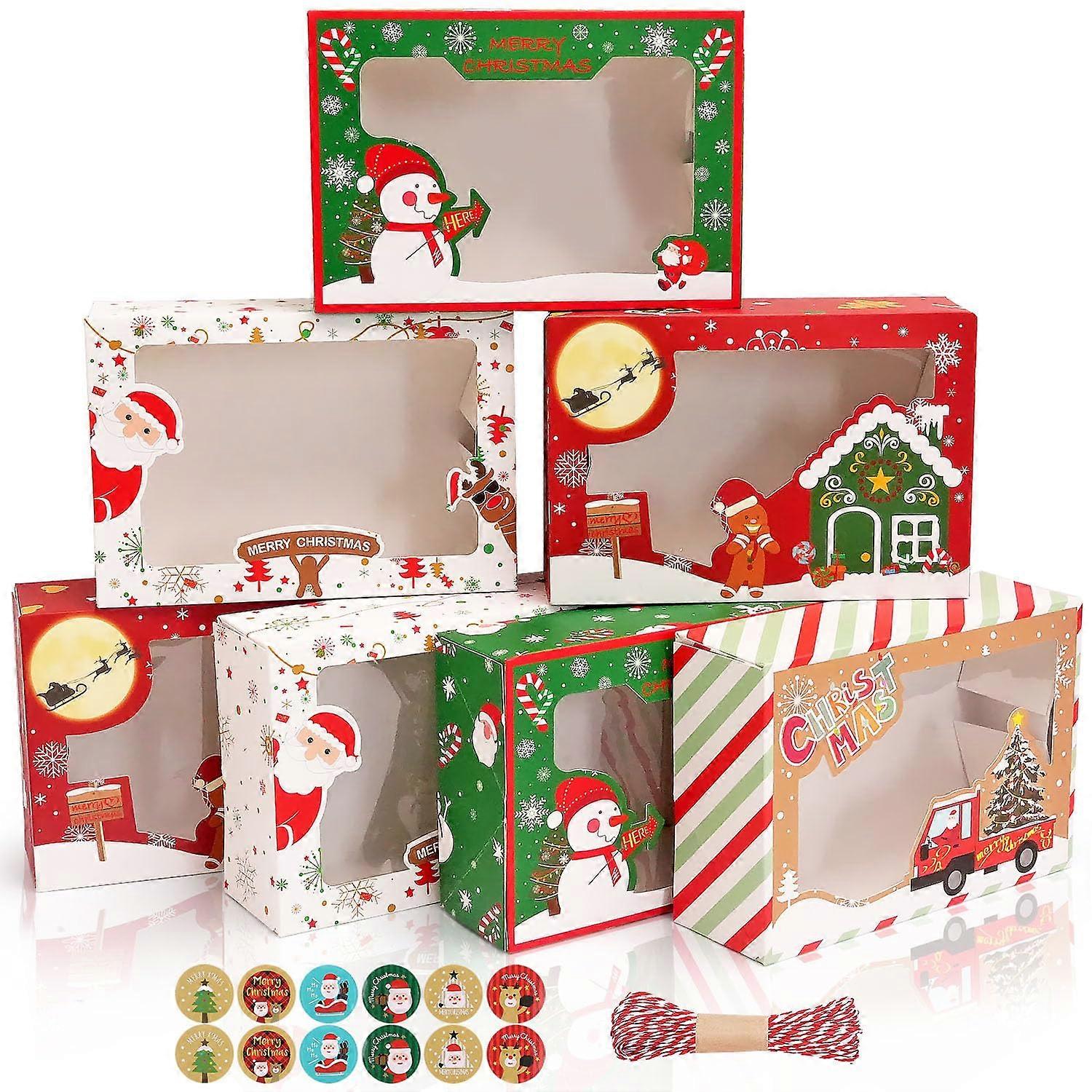 12 pcs Christmas cookie boxes with clear window, Christmas gift paper boxes, cupcake boxes, candy boxes, with stickers and paper ropes, 22.5 x 15.5 x