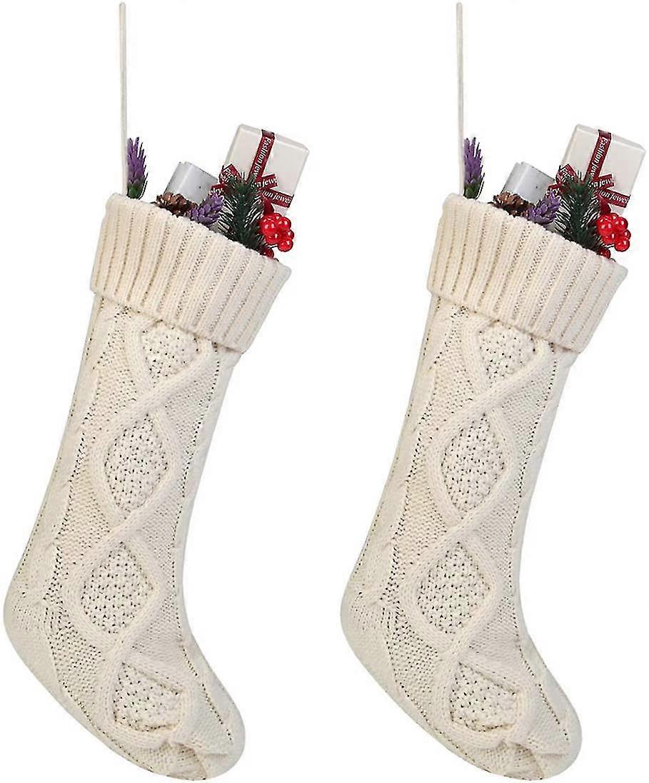 Cable Knit Christmas Stockings Kits Solid Color White,green And Red Classic Decorations 18 , Set Of 2