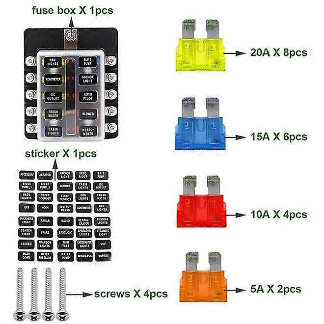 Car Fuse Box 10 Ways Fuse Holder 12V Fuse Box Plastic Cover With LED Indicator Light Fuse for Car Boat Marine Trike