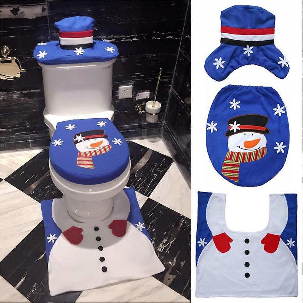 Minglan 3PCS/Set Christmas Bathroom Blue Tree Snowman Toilet Seat Cover Rug Overcoat Tank Cap Pad Cushion New Year Gifts Home Decoration