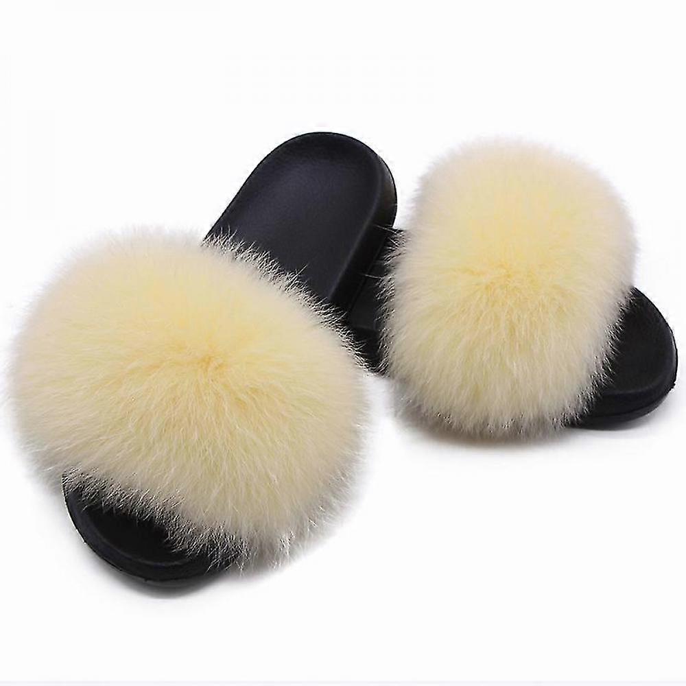 Fox Fur Slides För Kvinnor - Komfort Päls Tofflor Öppen Tå Inomhus Utomhus OJK OXW