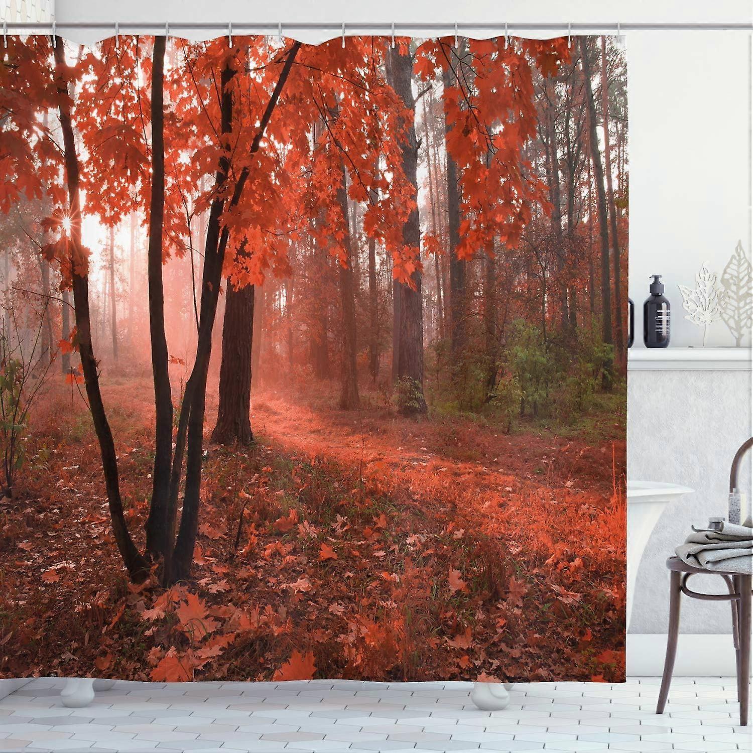 Rideau de douche d’automne, forêt brumeuse avec des feuilles d’arbres saisonniers à feuilles caduques chaud à froid Image en vedette, tissu tissu salle de bain décor ensemble avec crochets, Br