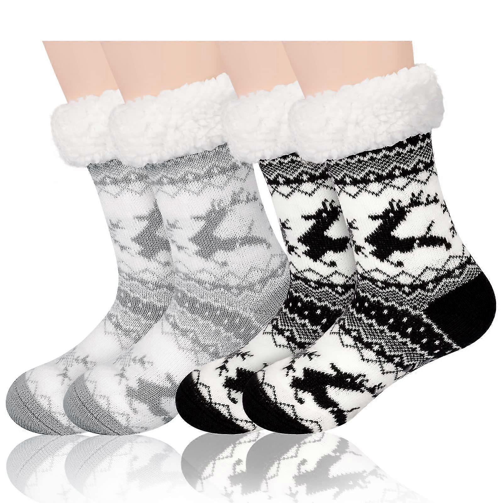 2 Pairs Women's Fuzzy Warm Cozy Fleece Lined Slipper Socks With Grippers, Non Slip Soft Thick Sock