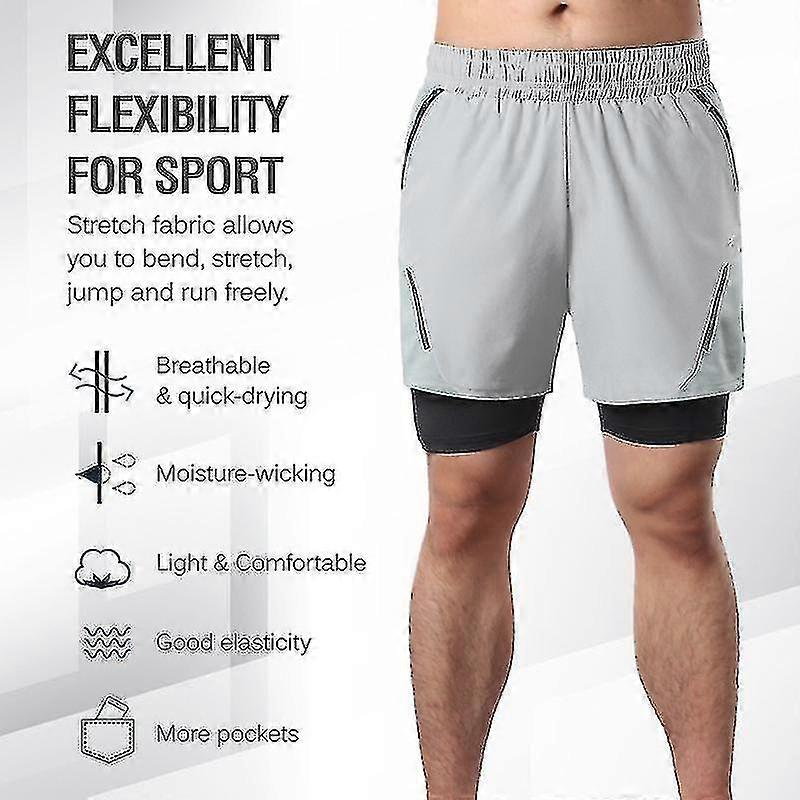 2-in-1 Men Running Shorts With Zipper Pockets Dry Exercise Shorts For Gym Out