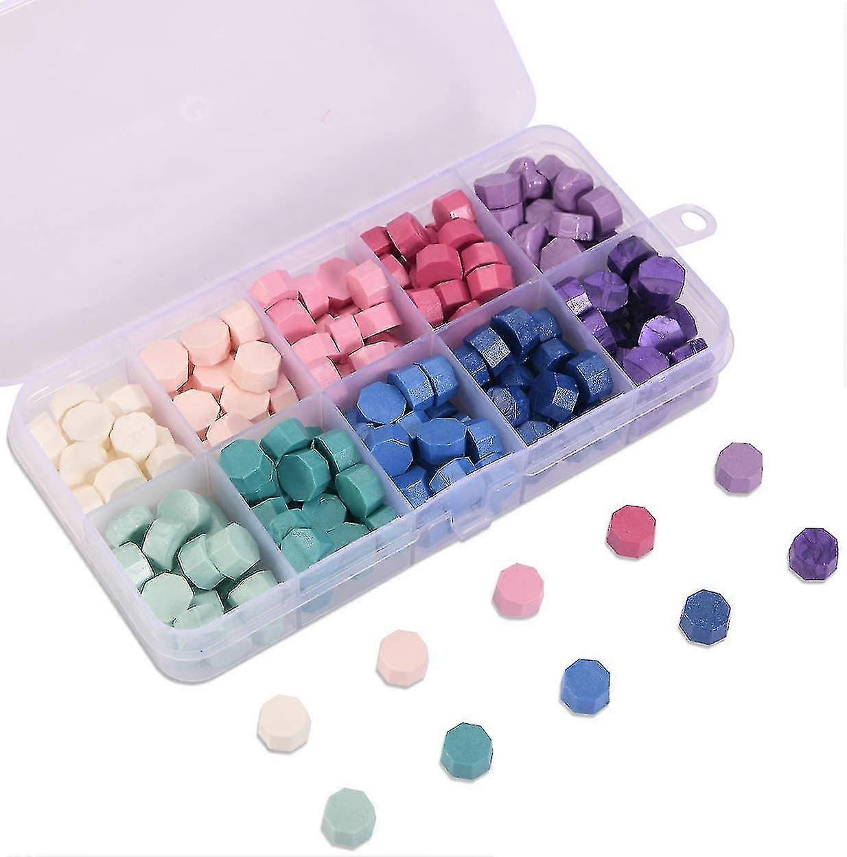 600pcs ختم الخرز الشمع معبأة في مربع من البلاستيك، 24 الألوان المثمن الختم