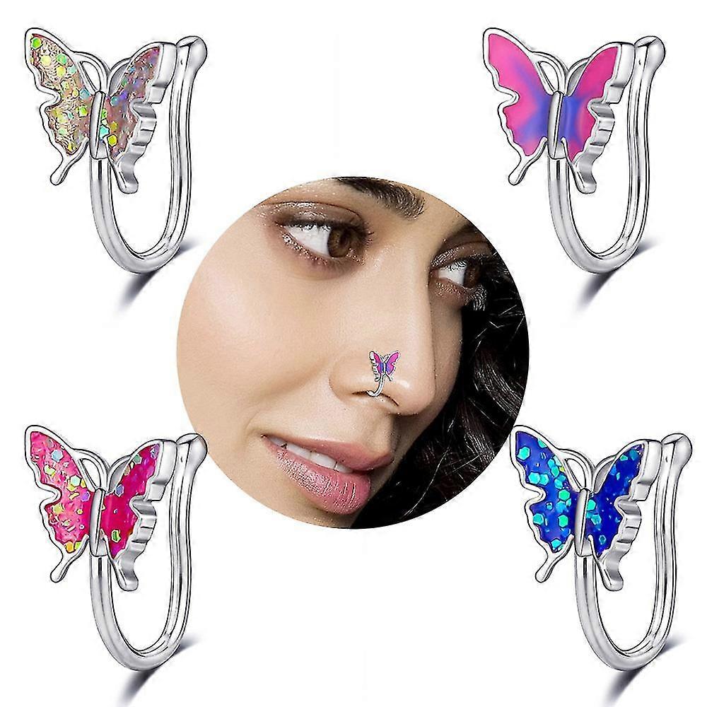 4 Pack Butterfly Nose Rings Colorful False Diaphragms Small U