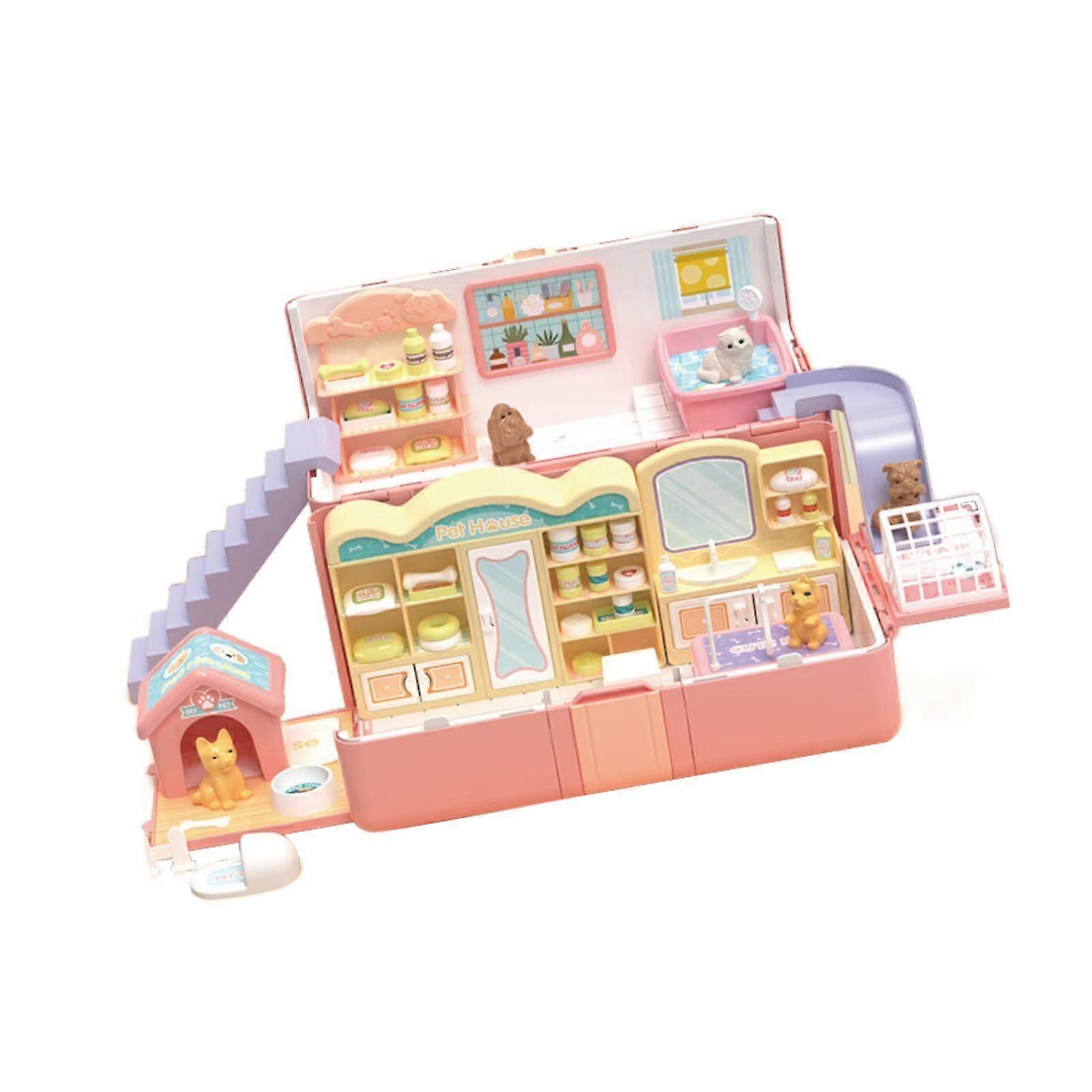 Dollhouse Toy Playset for Girls Portable Foldable with Pet House for 3+ Kids