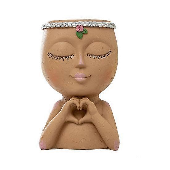 Succulent Planter Little Girl Closed Eyes with Heart Gesture Drainage Hole Face Nordic Sculpture Flower Pot Greenery Accessories