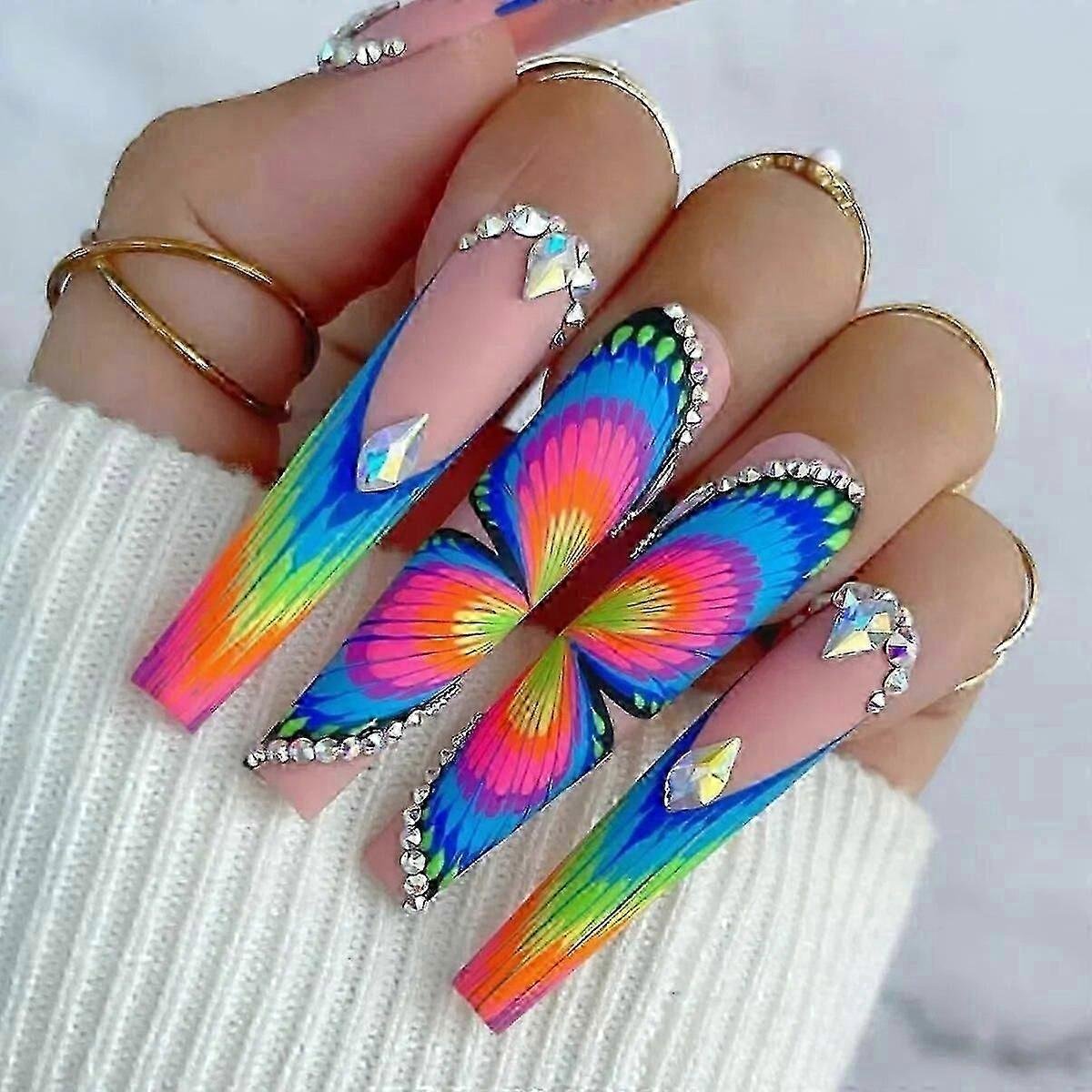 24Pcs Wearable Colorful Butterfly Designs French Press on Nails Long Ballet False Nails with Rhinestone acrylic Fake Nails tips