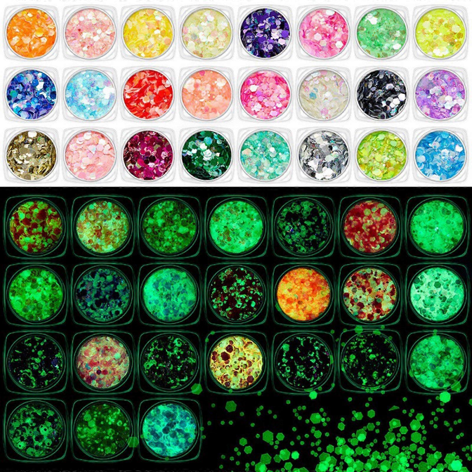 12/18/24Colors Luminous Nail Art Sequins 3D Holography DIY Mixed Glitter Sequin Glow in the Dark with Hexagon Shapes