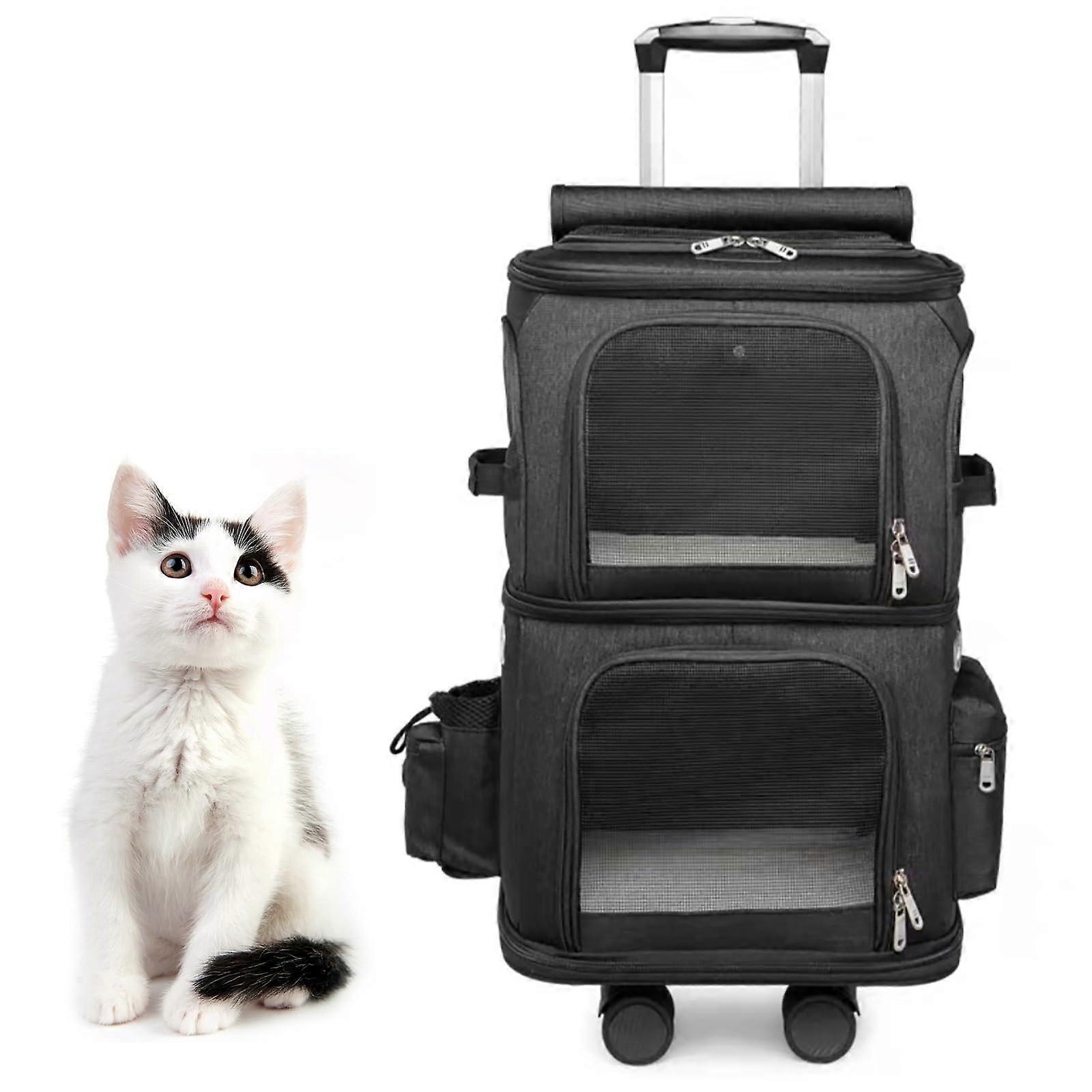 Cat Carrier for 2 Cats, Large Space Double Compartment, Carrier, Cat Pet Trolley Case with Wheels (Color : Black)