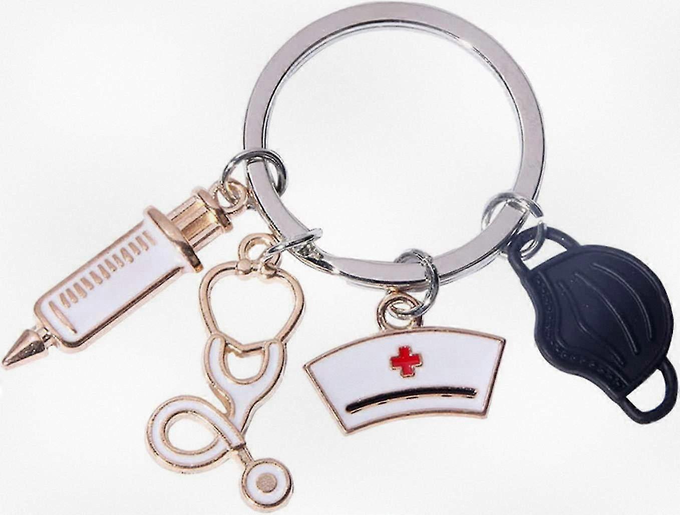 Pink Nurse-Themed Keychain with Stethoscope, Syringe, Heart, and Cap Design - Durable Metal Keyring Accessory