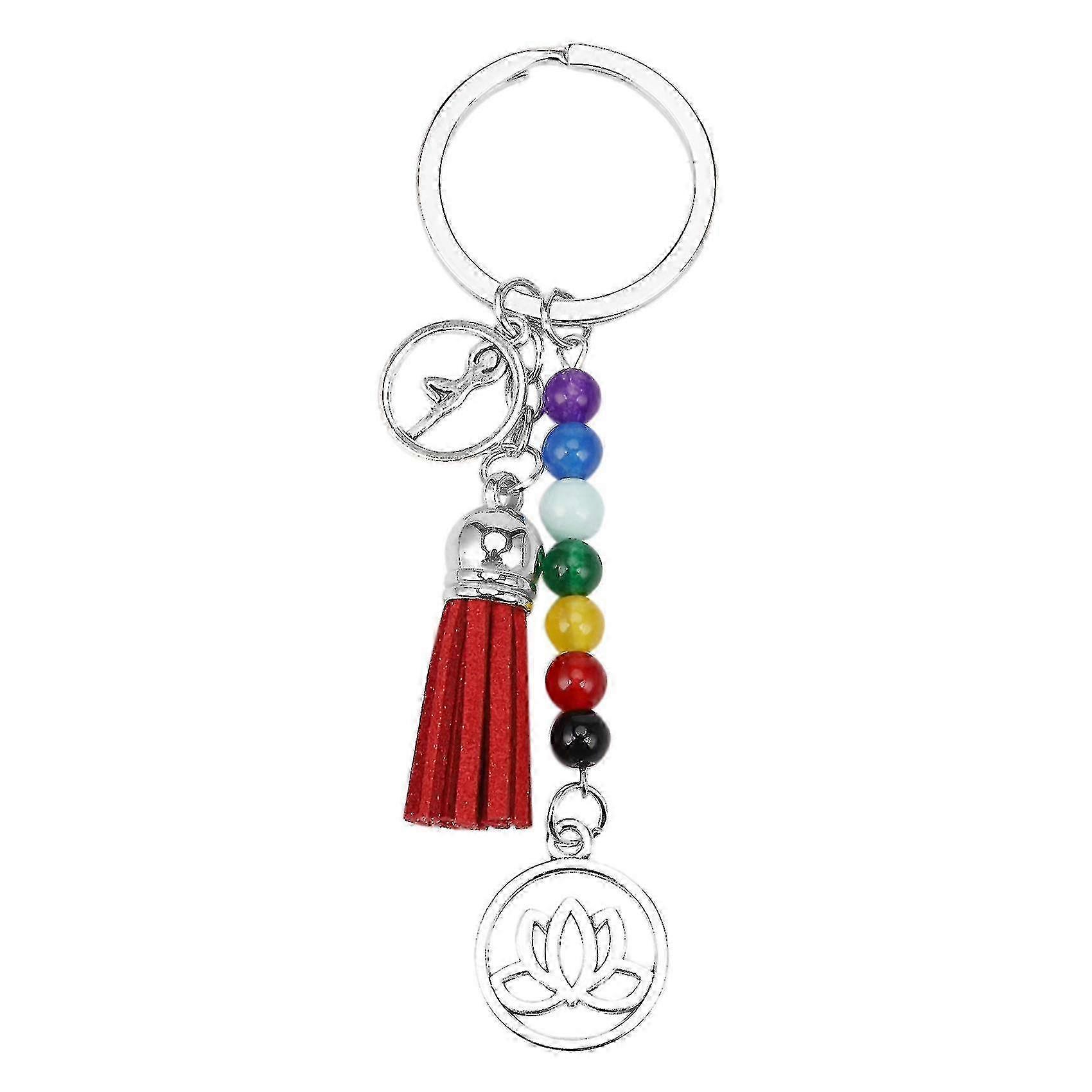 Keychain Pendant Creati-Yvan Adorned With 7 Mst Chakra Beads Sts Lotus Flower And Tassels