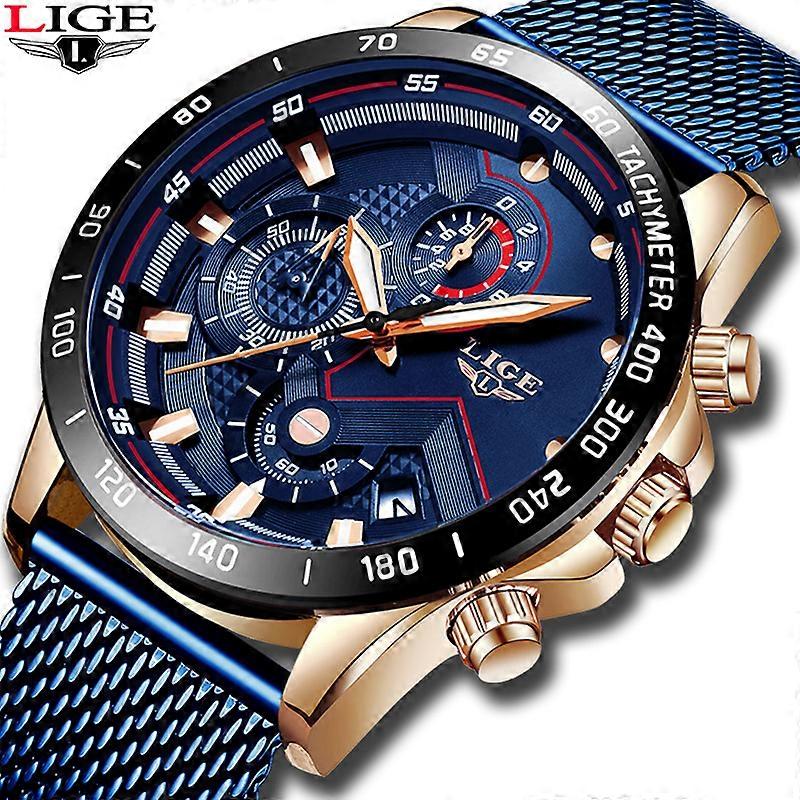LIGE 2019 popular men's mesh belt watch multi-function chronograph waterproof watch rose gold blue