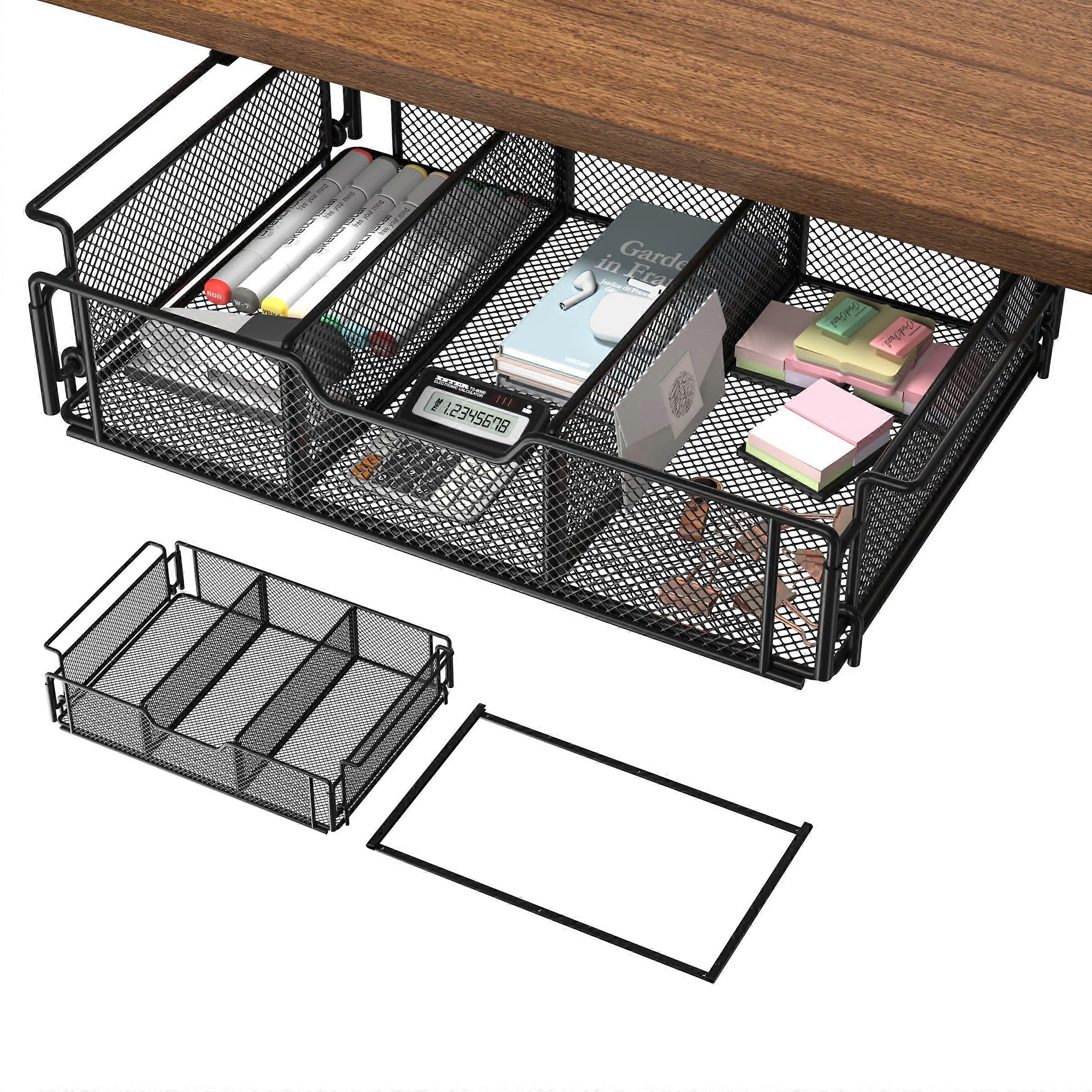 Under Desk Drawer Organiser Under Desk with Room Divider Design, Hidden Desk Drawer for Home, Office, School, Desk Storage Black