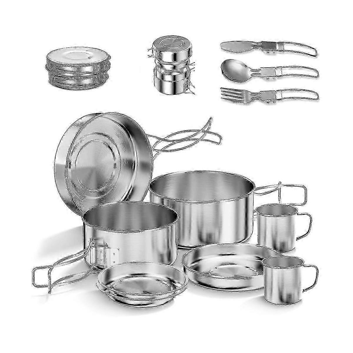Portable Outdoor Cooking Set, Stainless Steel Pot, Foldable and Stackable Tableware
