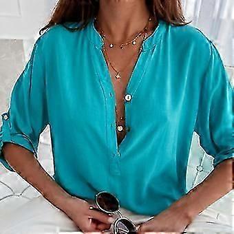 Camicetta da donna con scollo a V, tunica, casual, basic, con colletto alto, mezza manica