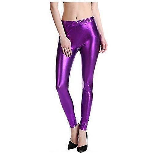 Sexy Wetlook Leggings with Full-Length 2-Way Zipper Crotch Purple Size L Stretchy High-Gloss Fabric