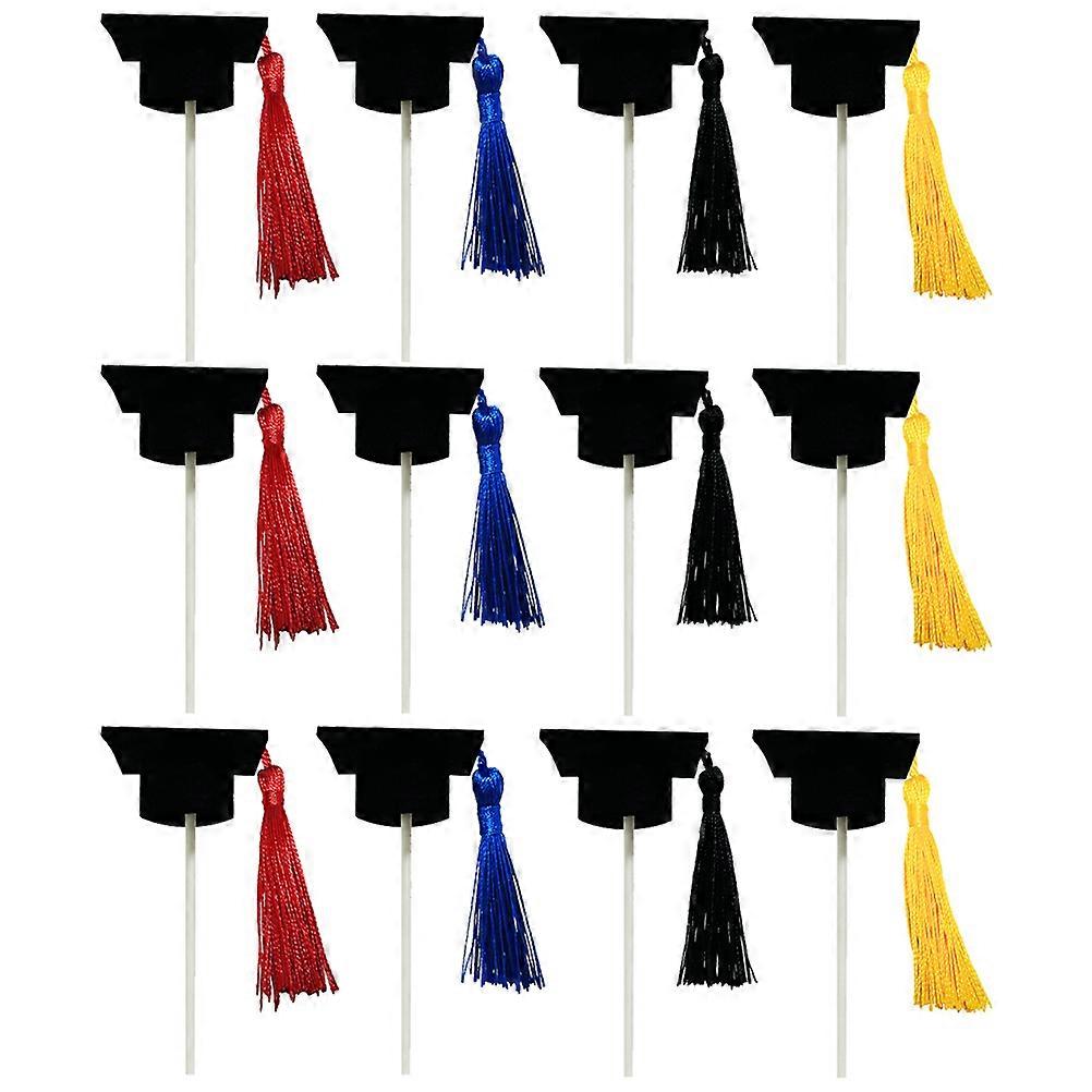 Graduation Season Cake Picks Doctoral Hat Shape DIY Design Assorted Color 3.8X3.8CM Graduation Theme Decoration 12Pcs