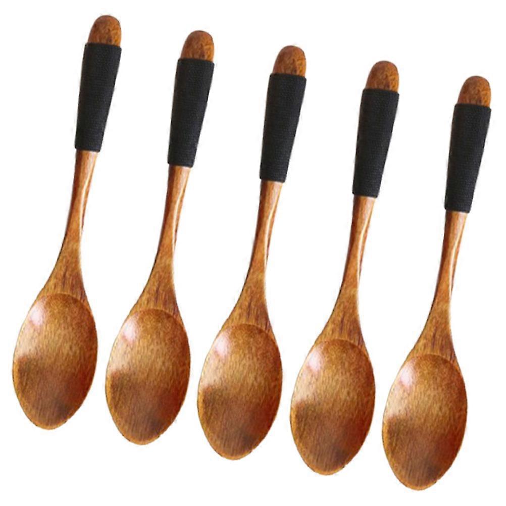 Wooden Dessert Spoon Set for Kids Use 5pcs Tableware Lightweight Brown 14cm