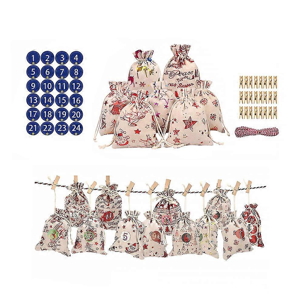 Christmas Countdown Burlap Bags Drawstring Pouch Shelf Placement Blue 1Set