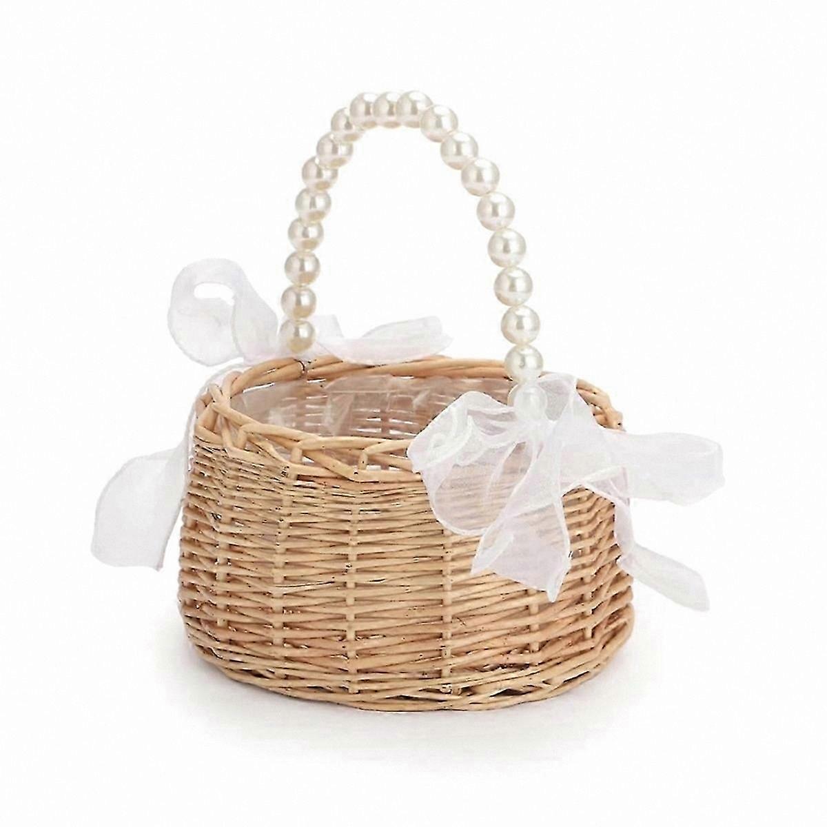 Rustic Wicker Basket with Pearl Handle for Flowers and Decor